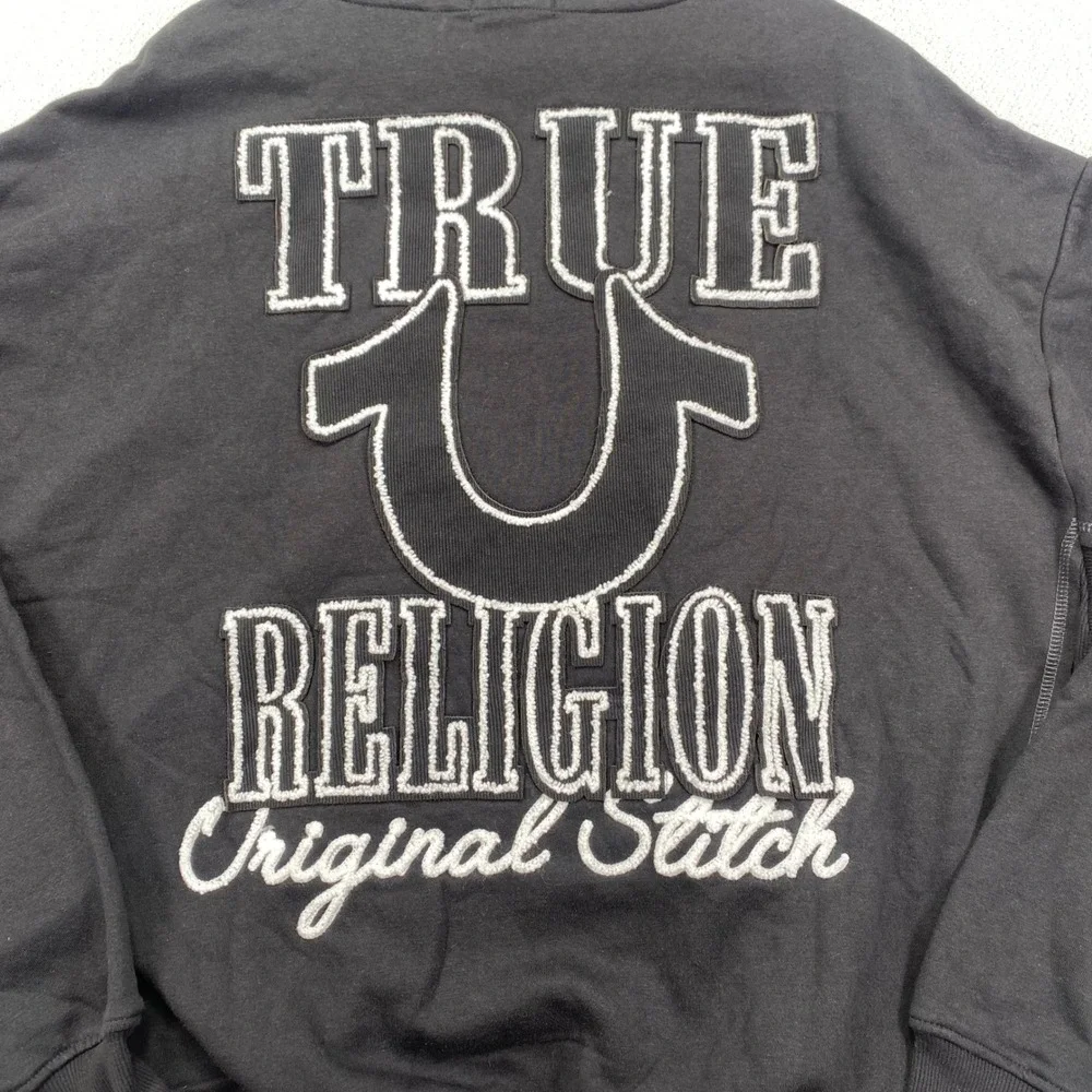 True Religion Rib Stitch Dept Boxy Zip Up Mens XL Jet Black Contrast Hoodie New